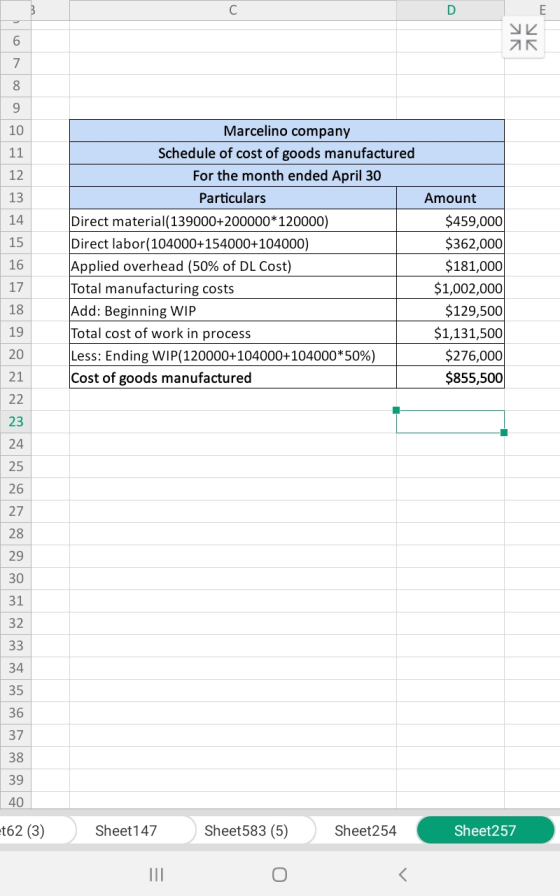 E E AR SK 7 10 11 12 13 14 15 16 Marcelino company Schedule of cost of goods manufactured For the month ended April 30 Partic