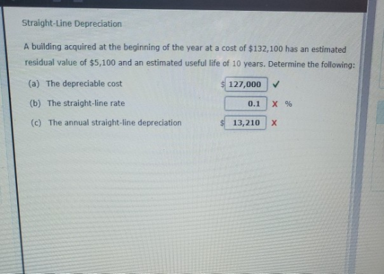 Straight-Line Depreciation A building acquired at the beginning of the year at a cost of $132,100 has an estimated residual v