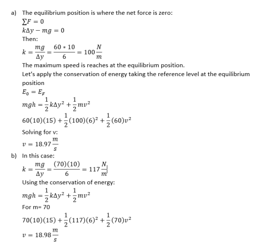 a) The equilibrium position is where the net force is zero: ΣF0 kДу — тg 3D 0 Then: 60 10 N 100 т mg k Ду 6 The maximum speed