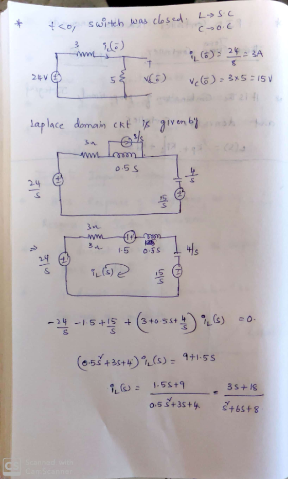 * tco; switch was closed. Lasic COC a - met 25) = 24 = 3A 24v $ 5{ V velo) -345-15V Laplace domain ckt is given by um loml 0.