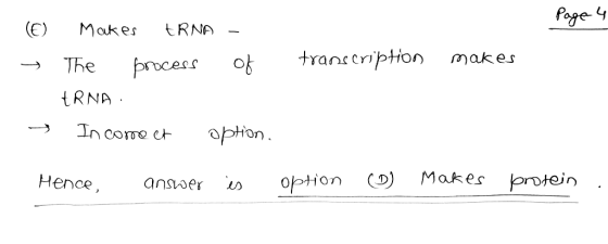 Page E) Makes RNA The ctraneerption makes RNA → Income e+ option Hence anoer option CD) Makes prvtein