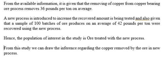 From the available information, it is given that the removing of copper from copper bearing ore process removes 36 pounds per