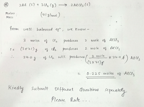 2Al (s t 3U2 (9) 2Alus (s) (713/mol) Molar Mass from wetl balauced eg, we kuow o u produces mole o Aec3 moles (3 x71) 2 mole