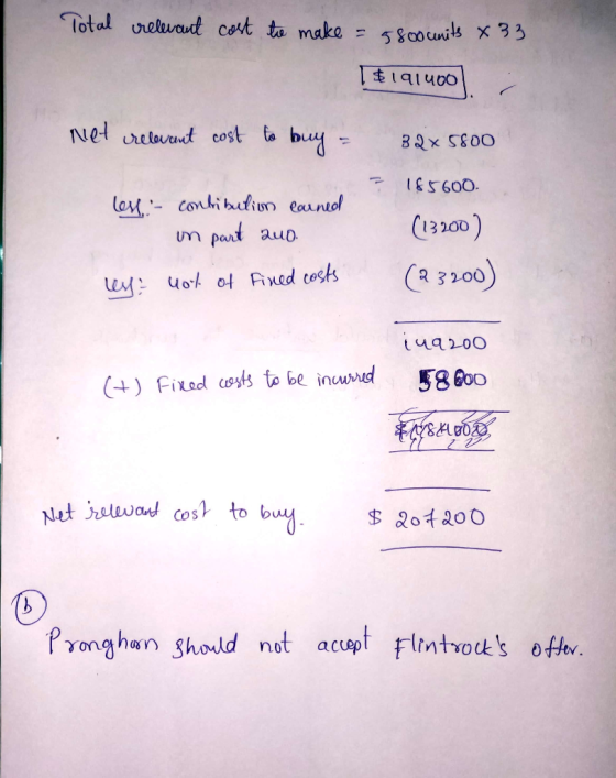 Total relevant cost to make = 5800 units x 33. | $1914001 Net relevant cost to buy = 325800 = 185600 less - contribution earn