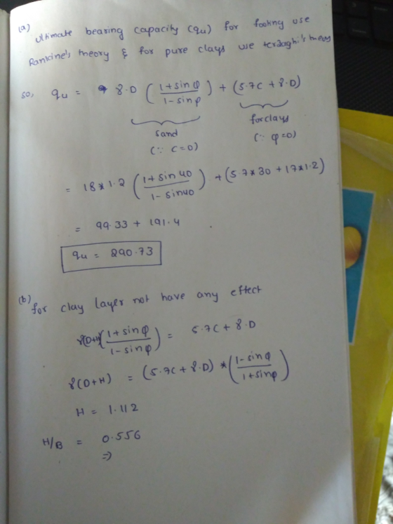 a) utkmet bearing capacity u) for fookng s Rancine, tneory for puve clay ue ghi hoag l- sin for clayy sand C C-O) (SA* 30 +