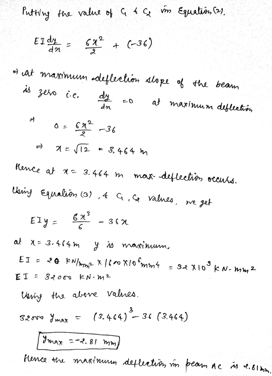 Putting the value of G A ce im Equation (21. El dimone + (-36) 1 & cat maximum deflection slope of the beam is zero te dy ao