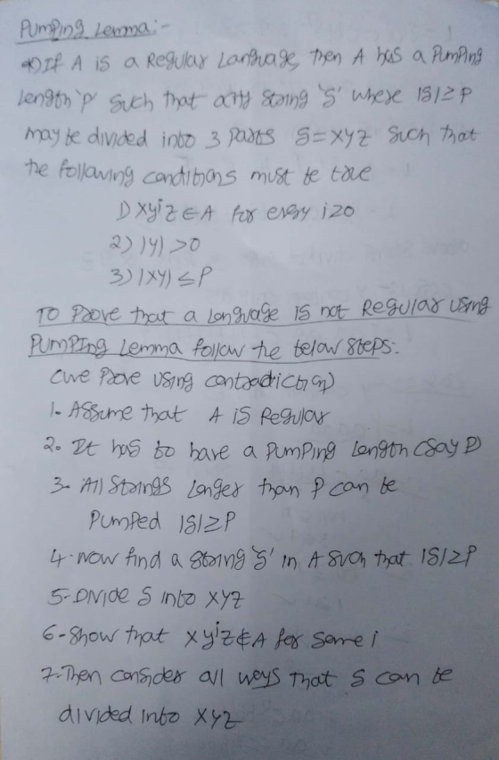 pumping Lemma - *) If A is a regular Language, then A has a Pumping length p such that any string g where 18129 may be divi