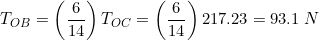 \small T_{OB}=\left ( \frac{6}{14} \right )T_{OC}=\left ( \frac{6}{14} \right )217.23=93.1\: N