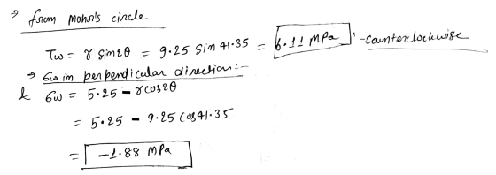 -Counterclockwise e from monss cincle Tw = 8 simeo = 9.25 Sim 41.35 = 6.14 MPa 3 6w im perpendicular direction: & Gw 5.25 -8