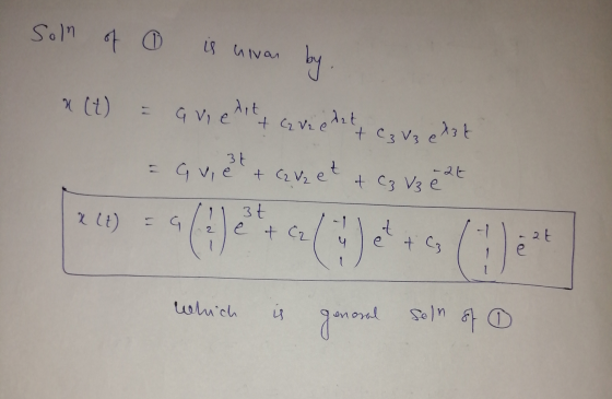 Soln of 0 is nivou by. x (t) = arietet quiet & cauzet + C3 V3 e at + C2 Vz edzt & Ca va etzt X(t) G 3t e & C2 2 + at e + whic