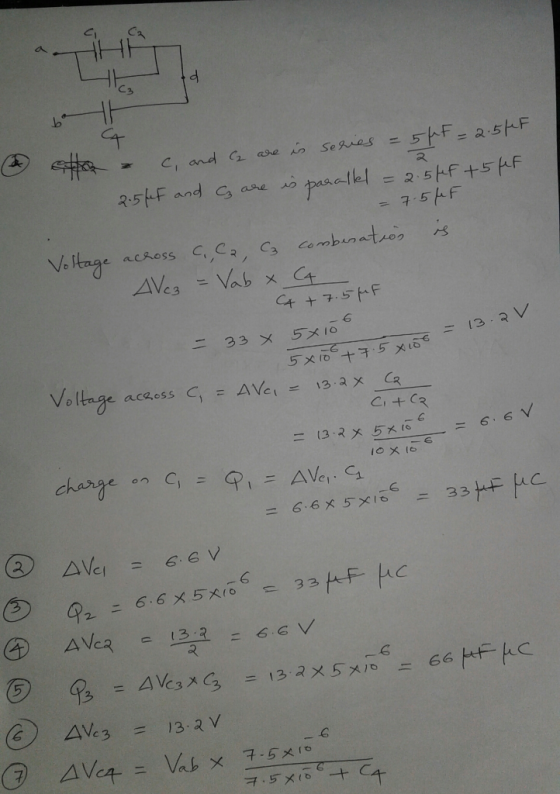 at - c, and I are is series = 5ft = 2.5ft. 2.5 fut and C are is parallel = 2.5lef +5fff = 7.5 MF Voltage across C.,C2, C3 com