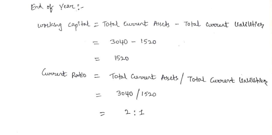 End of year: working capital = Total Current Assets - Total current abilities = 3040 – 1520 = 1520 Current Ratio = = = Total