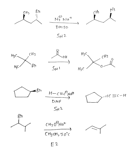 N3 CH3 Br CH3 N3 Not Dmso SN2 H7 HzC. - HC Bh ,,I1CEC-H H-CE@nat DMF SN2 CH3O9 Nat CH₂OH, 500 E2