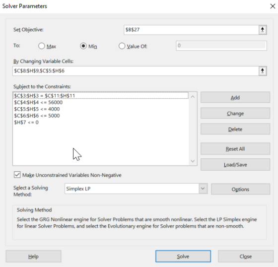 Solver Parameters Set Objective SB$27 0: Max Value Of By Changing Variable Cells: SC$8:$H$9,SC$5:$H$6 Subject to the Constrai