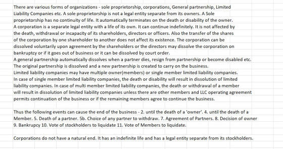 There are various forms of organizations - sole proprietorship, corporations, General partnership, Limited Liability Companie