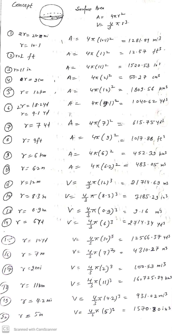 Concept A= Suxface Area 4ar2 - Tr3. 0 27- 20-an mi YT (10.12 r= 10-1 1281.89 mi? 12.57 ft. 2- ral ft A= 4+ (1) A= ③ r= 11 in.