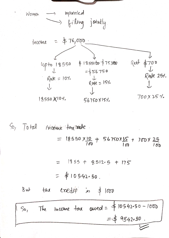 Women married filing jointly Пиюле = $ 76,000 upto. 18550 Rest $700 L Rate = 10% ✓ $ 18551 to $75300 = 456 750 L Rate 254. Ra