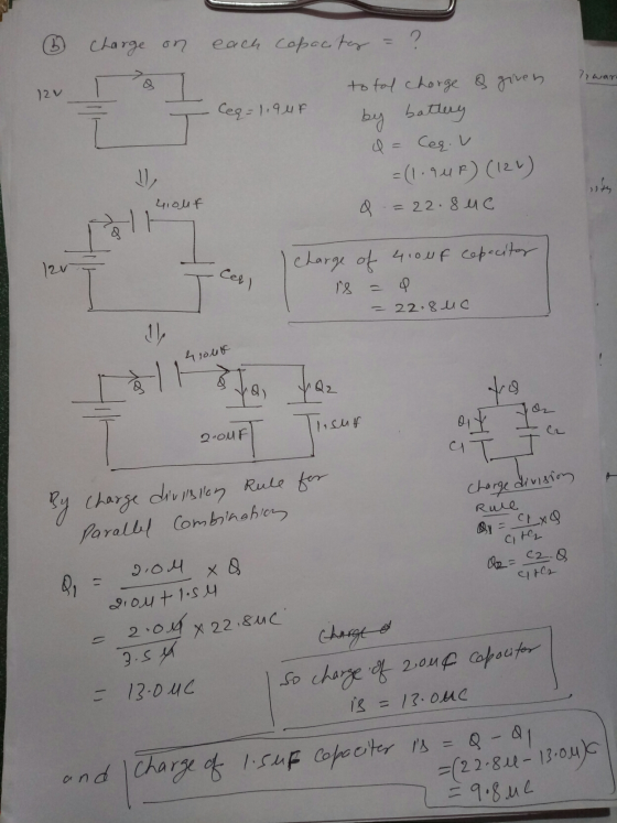 6 charge on each capocter 2 7, war 12v Ceq=1.9 ur total charge & given by battery Q = Ceg. V = (1.9UF) (124) = 22.8uc درر 4 o