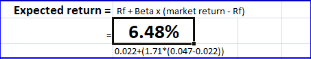Expected return = Rf + Beta x (market return - Rf) 6.48% 0.022+(1.71*(0.047-0.022))