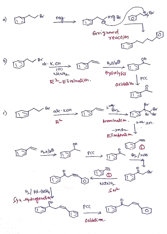 a) OMB mg sing Bs/oro Grignard reaction o Br o o rale. KOH > O al ROH n Holy® Du Hydrolysis Nanha E2_Eliminatich. Oriolation