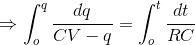 \Rightarrow \int_{o}^{q}\frac{dq}{CV-q} = \int_{o}^{t}\frac{dt}{RC}