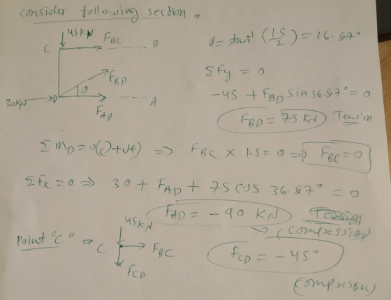 YSKN FBC B C TFBP FAO -90 KND Tasty consider following section - 8= tant (LS) = 36.870 sfy -45 + FBD Sin 36.67°= 0 30kg FBo=7