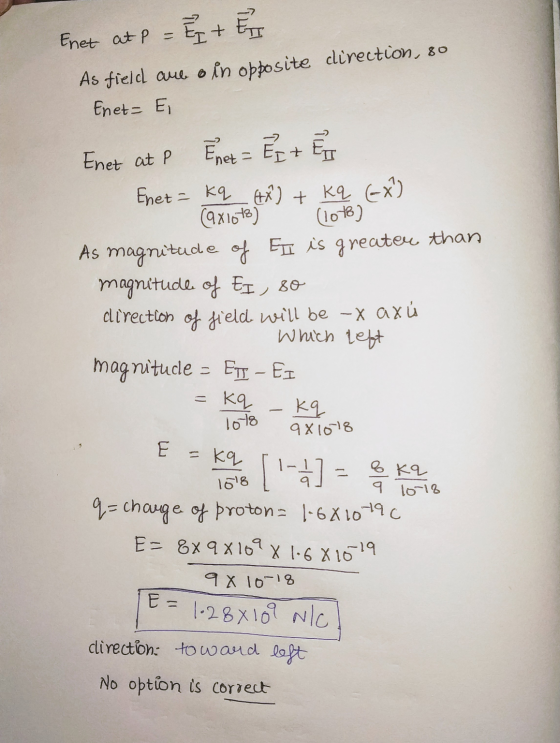 Enet at P = E + E As field aub o in opposite direction, 80 Enet- E Enet at P Enet = E + E Enet = kq HÀ) + kq EX (9x1018) (106