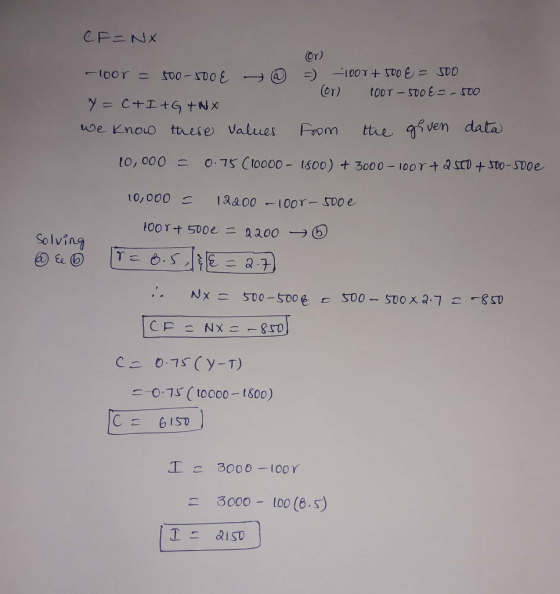CF=NX Or) -10r = 500-500 € @ =) -1007 +500E = 500 con) 100 - 500 E2-500 7=C+I+G + NX we know these values from the given data