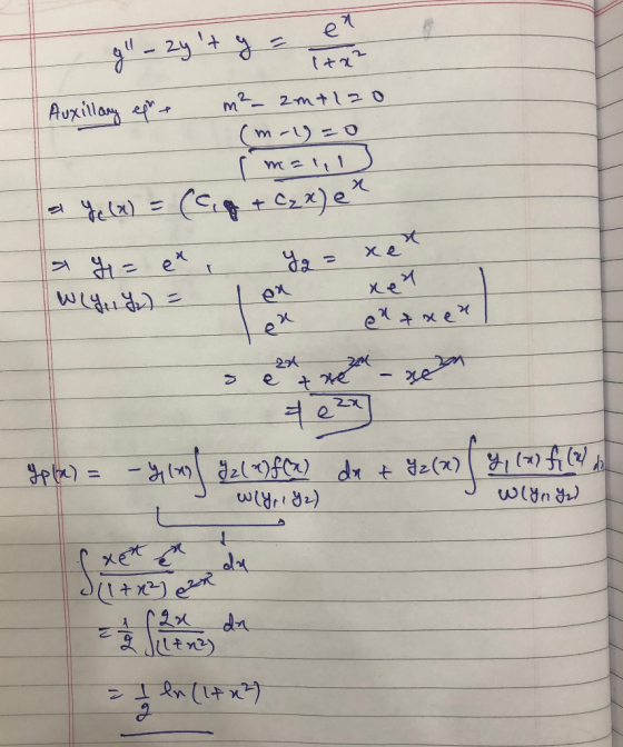 Auxillary eght g - 2y + y = en (tx² m² _ amtlzo (may=0 I mali Ye (x) = + C₂x) en - Yg = a 4= e Whyudo = ex xen en entren xe