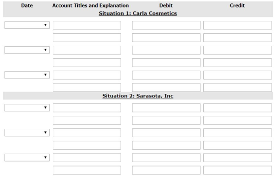 Date Credit Account Titles and Explanation Debit Situation 1: Carla Cosmetics Situation 2: Sarasota, Inc