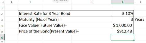 A B D E F 1 2 3 Interest Rate for 3 Year Bond= Maturity (No.of Years) = Face Value( Future Value)= Price of the Bond(Present