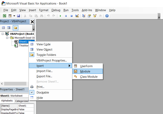 Microsoft Visual Basic for Applications - Book1 Eile Edit View Insert Format Debug Run Tools Add-Ins Window Help Project - VB
