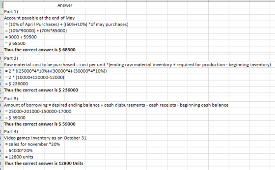 Answer Part 1) Account payable at the end of May = (10% of April Purchases) + ((60%+10%) *of may purchases) = (10%*90000) + (