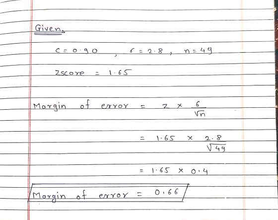 Given c= go r=2.8 ne 49 7 Zscove 1.65 Margin os of error Z X Vn = 1.65 х 2.8 у 49 1.65 X 0.4 - 0.66 = error Morgin of