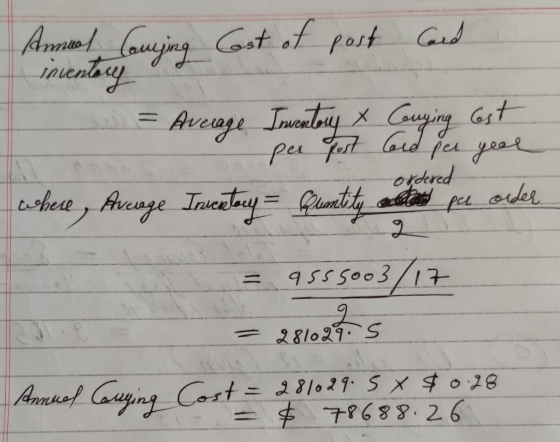 Annual Coming Cost of post Cord inventory ordered - Average Inventory X Couging cost per post Cord per year where, Average In