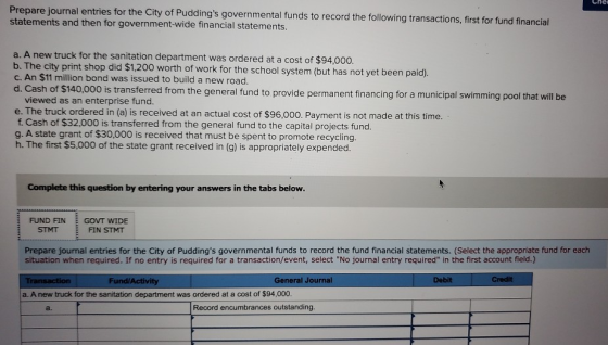 Chei Prepare journal entries for the City of Puddings governmental funds to record the following transactions, first for fun