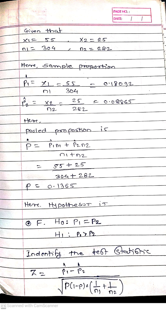 PAGE NO.: DATE: Given that XIE 55 X2 = 25 ni = 304 2 02 = 282 Here, sample proportion 018092 P1= xL=.55 ni 304 25 X2 n2 282 1