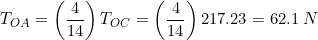 \small T_{OA}=\left ( \frac{4}{14} \right )T_{OC}=\left ( \frac{4}{14} \right )217.23=62.1\: N