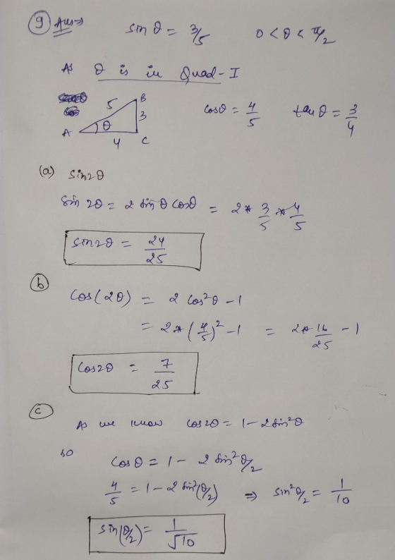 & Auss As I sind- / is in quad-I 020</ 4 C (a) sino Sir 202 2 din o caso = 2x 3 x 4 23 [{mro = my do Cos (20) = 2 los ²0 -1 -