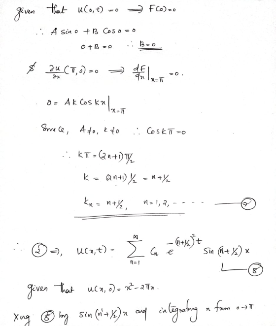 thout uCo, t) =0 FCO)-o Ver i Å Sino + B Coso = 0 öt B-0 : B=0 $ 24 (,0) -0 =de To. : 0= Ak coskalar IXT Snice, A to, kto : C