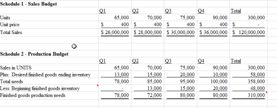 Schedule 1 - Sales Budget Units Unit price Total Sales 01 02 03 04 Total 65,000 70.000 75.000 90.000 300.000 $ 400 S 400 S 40