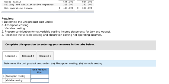 Gross margin Selling and administrative expenses Net operating income 676,000 215,000 $461,000 884,000 231,000 653,000 $ Requ