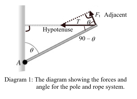 Ft Adjacent
TO
Hypotenuse
I
90 - 0
Diagram 1: The diagram showing the forces and
angle for the pole and rope system.