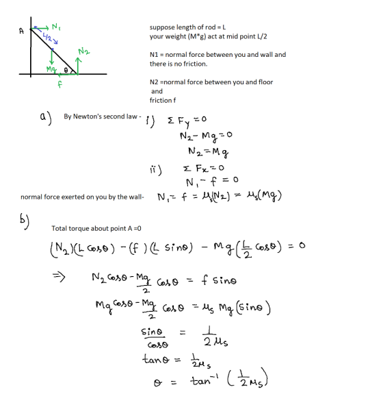 suppose length of rod = L your weight (M*g) act at mid point L/2 - No N1 = normal force between you and wall and there is no