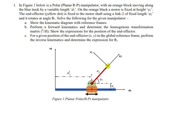 1. In Figure 1 below is a Polar (Planar R-P) manipulator, with an orange block moving along the blue track by a variable leng