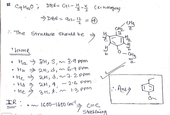 A Ca HiO; DBE- CHI-H- . →DBE= +1-1? = (xs halogen) . The structure should be Ile HNMR Ille • Ma » 3H, S, m 3.9 ppm • Hy 2H, d