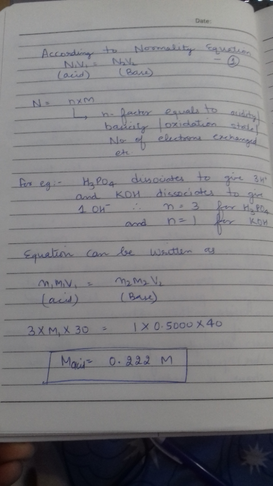 Date: According تلحلل land) (Base) N = nom L, no factor baraty No of equals to acidity oxidation statel electione exchanged -