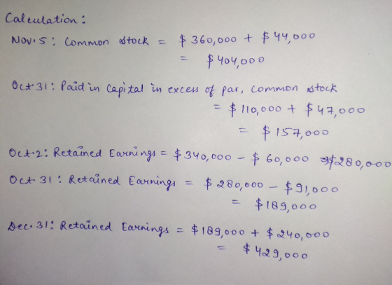 Calculation: Novis! Common stock = $360,000+ $44,000 = $404,000 Oct 31: Paid in capital in excess of par, common stock = $ 11