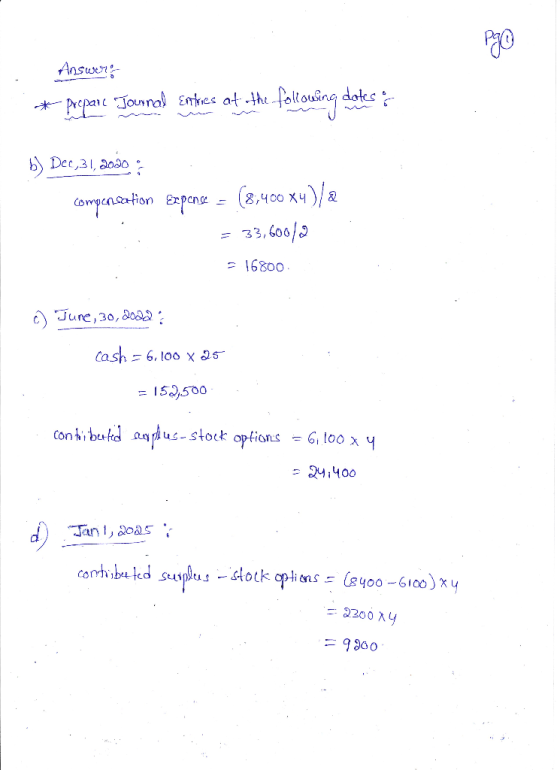 To Answers * preparc Journal Enkies at the following dates - b) Dec 31, 2030 ; compensation Expense - (8,400 x4)/a = 33,600/2