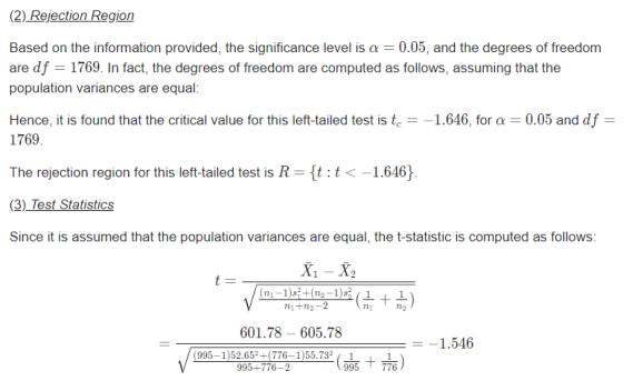 (2) Rejection Region Based on the information provided, the significance level is a = 0.05, and the degrees of freedom are df